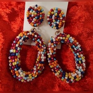 Vintage Bold Sugarfix Sead Bead Oval Dangling Earrings In Gold Tone